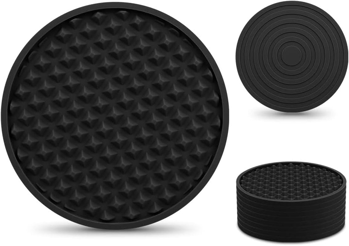 Set of 8 Black Silicone Drink Coasters with Grooved Design, Non-Slip Base, Washable, and Heat Resistant for Wooden Surfaces