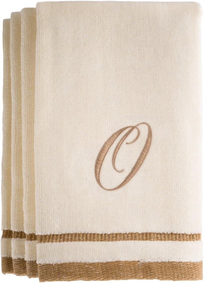 Custom Monogrammed Fingertip Towels Set of 4 - Luxurious Ivory with Golden Brown Embroidery - 100% Cotton, Extra Absorbent - Ideal for Bathroom or Kitchen - Initial H