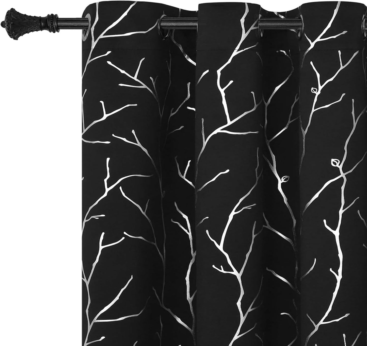 Elegant Light Grey Blackout Curtains with Silver Tree Branch Design, 63-Inch Length, Set of 2 Panels, Windproof, 38W x 63L