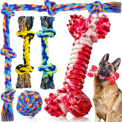 Indestructible Dog Chew Toys Set for Aggressive Chewers - Heavy Duty Balls and Dental Rope Toys for Large and Medium Dogs, 6 Pack