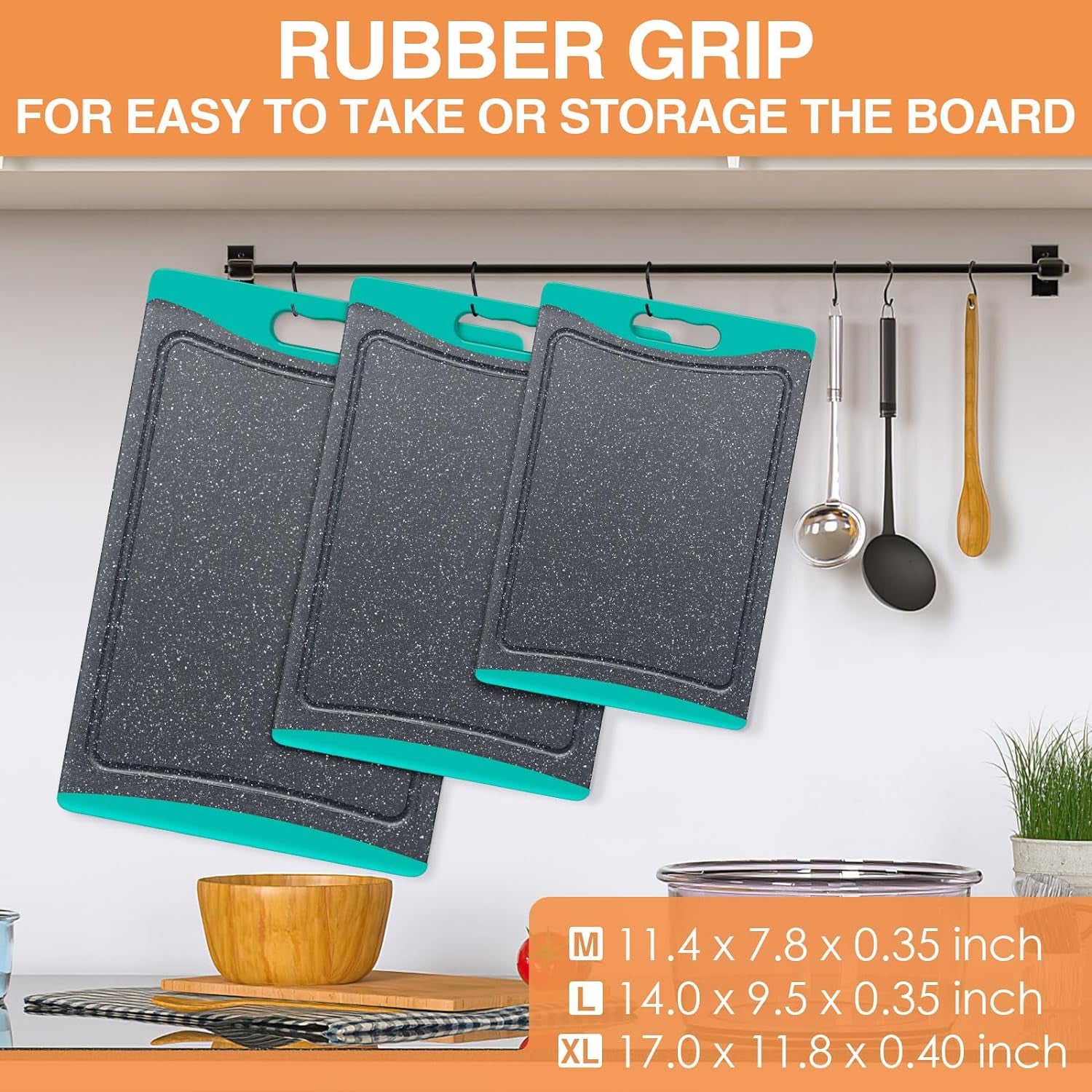 Extra Large Turquoise Plastic Cutting Board Set (3 Pieces) with Juice Grooves and Ergonomic Handles