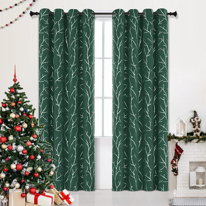 Elegant Light Grey Blackout Curtains with Silver Tree Branch Design, 63-Inch Length, Set of 2 Panels, Windproof, 38W x 63L