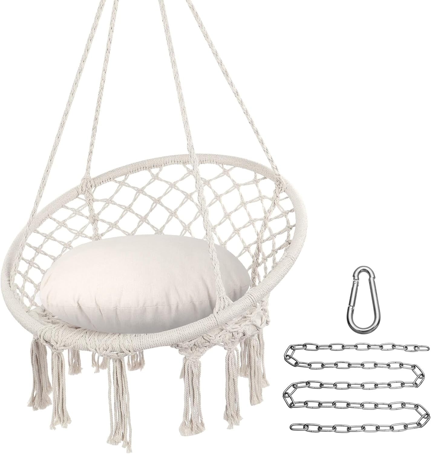 Y-STOP Macrame Hammock Chair - 330 lb Capacity, Hanging Cotton Rope Swing for Indoor and Outdoor Use, Light Grey