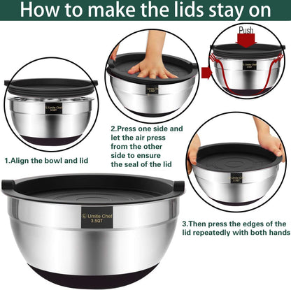 6-Piece Stainless Steel Mixing Bowls with Airtight Lids and Non-Slip Bottoms, Ideal for Mixing and Serving (Black)