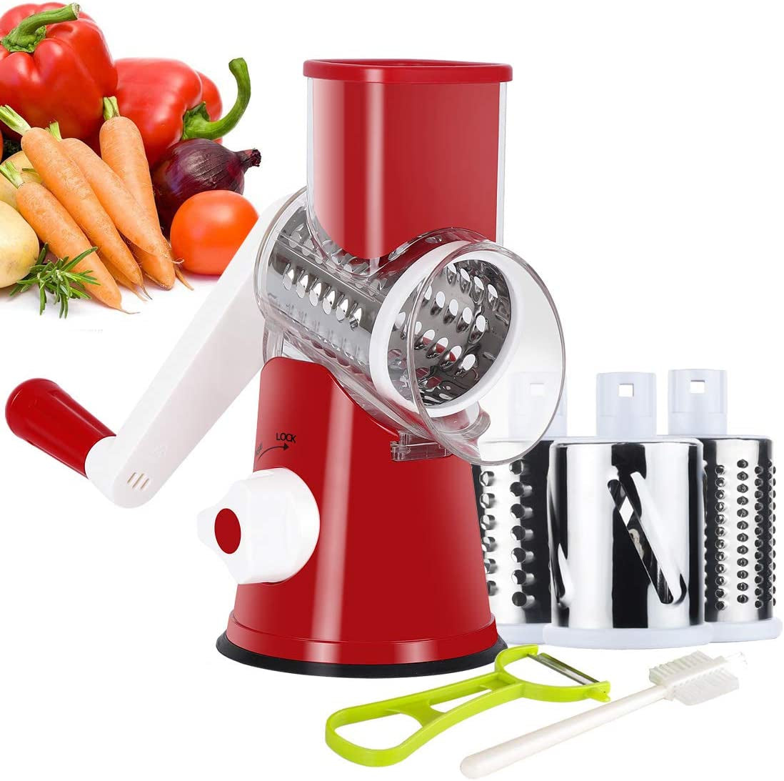 Hand Crank Rotary Cheese Grater and Kitchen Shredder with Three Drum Blades for Cheese, Vegetables, Nuts, and More - Green