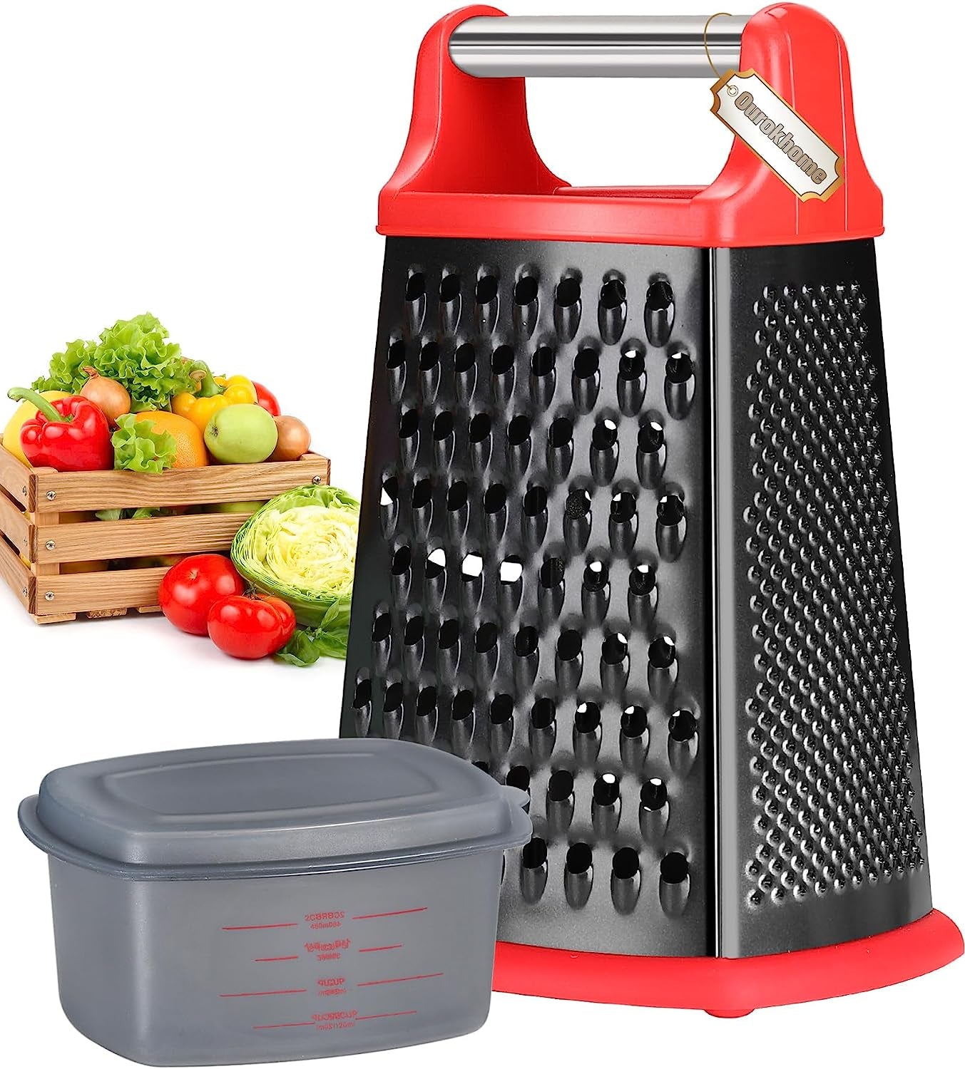 Professional Stainless Steel Box Grater with Handle - Versatile 4-Sided Shredder and Slicer with Container for Cheese, Vegetables, and More (Black)