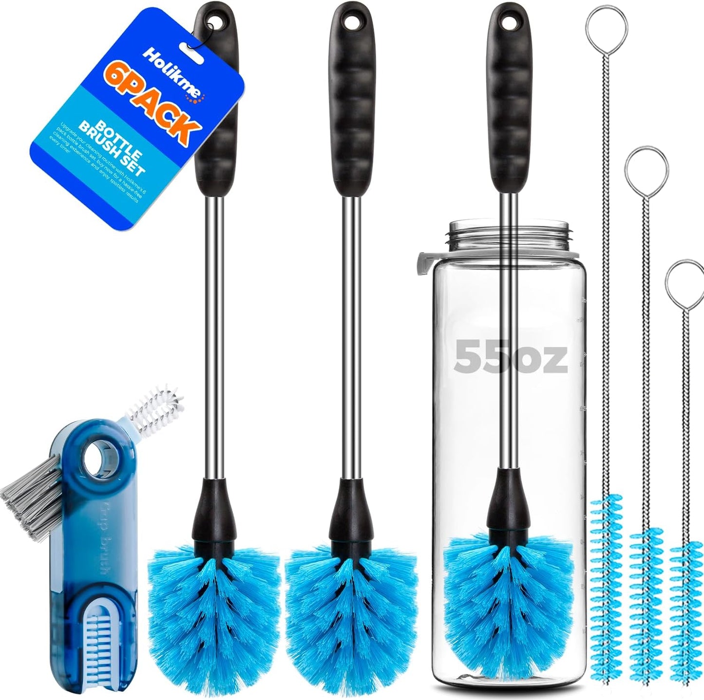 6-Pack Bottle Brush Set - 14" Long-Handle Stainless Steel Cleaner with 3 Straw Brushes and 3-in-1 Design for Water and Baby Bottles, Black