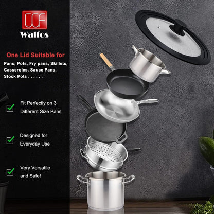 Universal Tempered Glass Lid for Cookware - Fits 6.5", 7", and 8" Diameter Pots, Pans, and Skillets with Heat Resistant Silicone Rim
