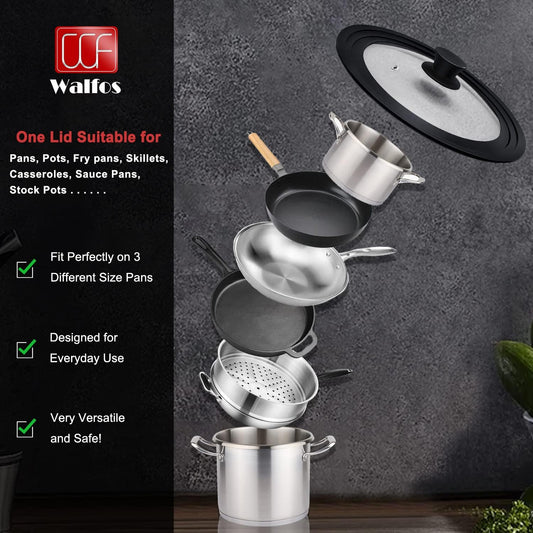 Universal Tempered Glass Lid for Cookware - Fits 6.5", 7", and 8" Diameter Pots, Pans, and Skillets with Heat Resistant Silicone Rim