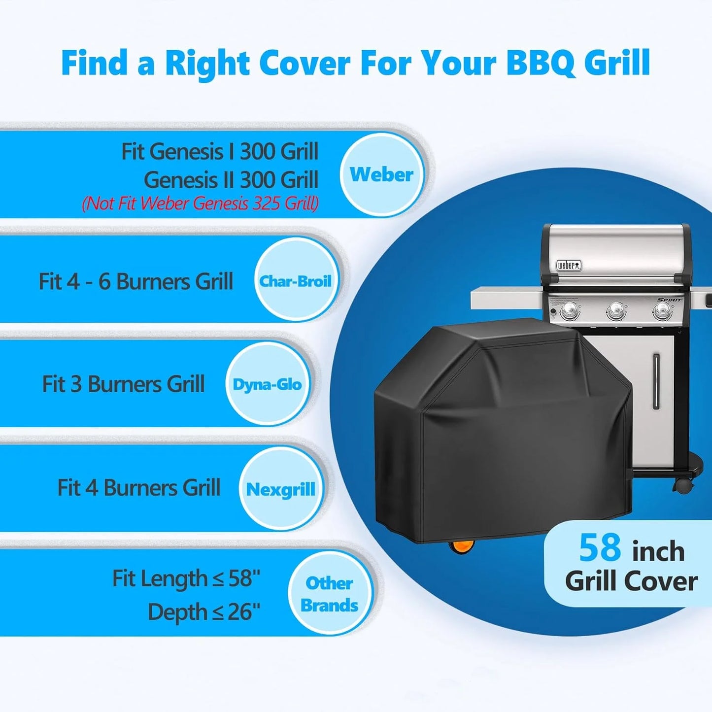 Heavy-Duty 58-Inch Waterproof Grill Cover for 4-6 Burner Outdoor Gas Grills, UV and Fade Resistant, Fits Grills Up to 56 Inches Wide, Black