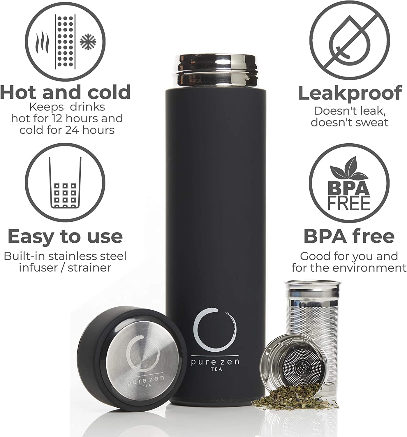 Pure Zen Stainless Steel Tea Thermos with Infuser for Tea, Coffee, and Fruit-Infused Water - Leakproof Travel Mug - 15oz - Black