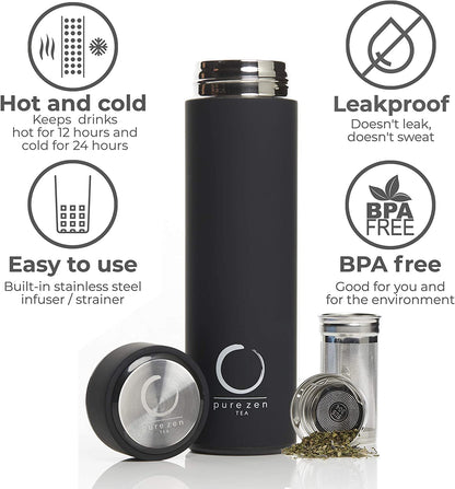 Pure Zen Stainless Steel Tea Thermos with Infuser for Tea, Coffee, and Fruit-Infused Water - Leakproof Travel Mug - 15oz - Black