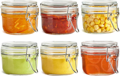 Set of 6 Airtight 17oz Glass Storage Canisters with Lids - Round Food Storage Jars with Clear Preserving Seal and Wire Clip Fastening for Kitchen Storage of Cereal, Pasta, Sugar, Beans, and Spices