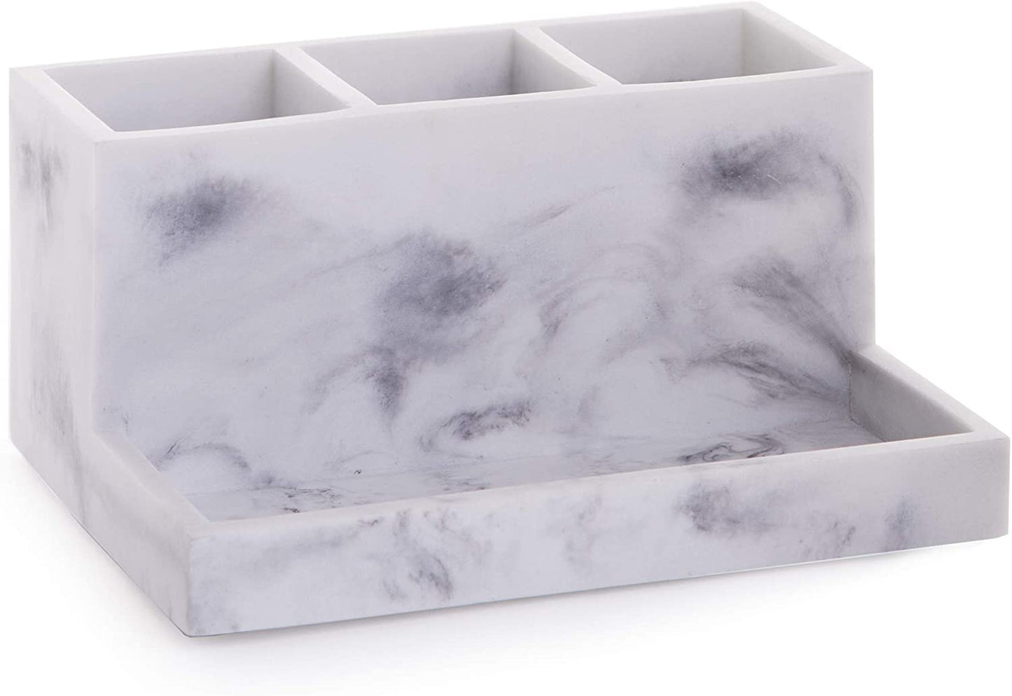 Matte Marble Finish Three-Compartment Organizer with Tray for Makeup Brushes and Toothbrushes