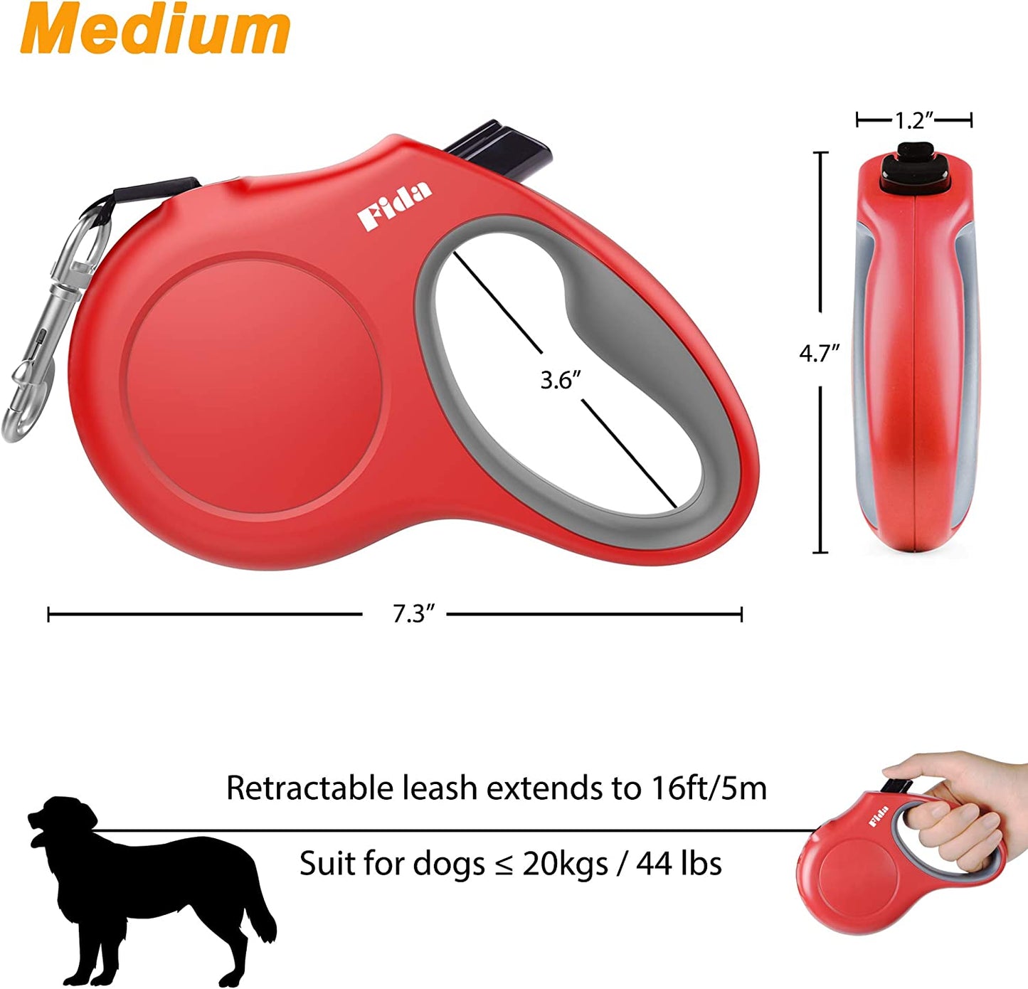 16-Foot Retractable Dog Leash with Poop Bag Dispenser for Medium Dogs and Cats up to 44 lbs, Featuring Anti-Slip Handle and Tangle-Free Reflective Nylon Tape (Medium, Red)