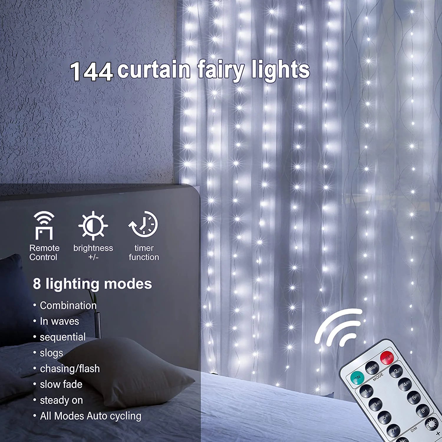 7.9Ft x 5.9Ft Fairy Lights Curtain with 144 LED - USB Powered Waterproof String Lights with Remote Control, 8 Modes for Indoor/Outdoor Window and Wall Decor (White)