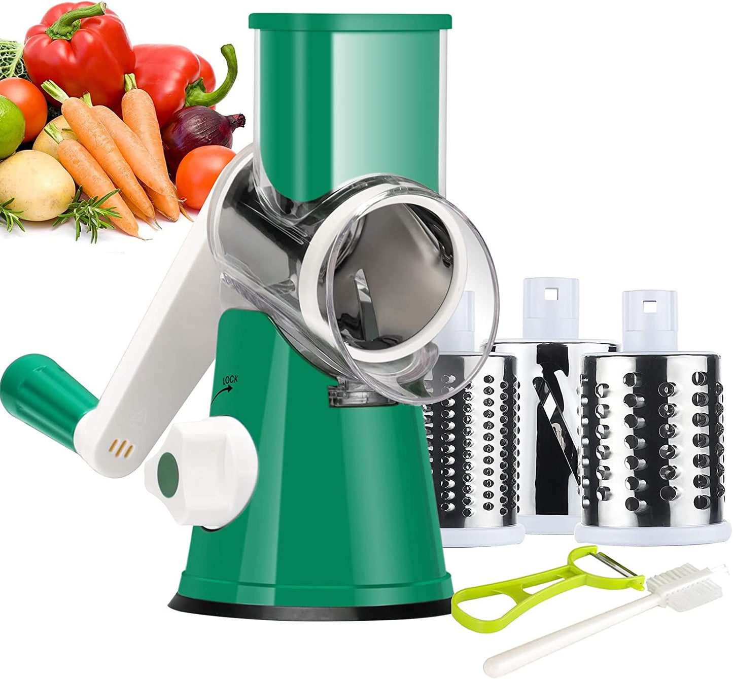 Hand Crank Rotary Cheese Grater and Kitchen Shredder with Three Drum Blades for Cheese, Vegetables, Nuts, and More - Green