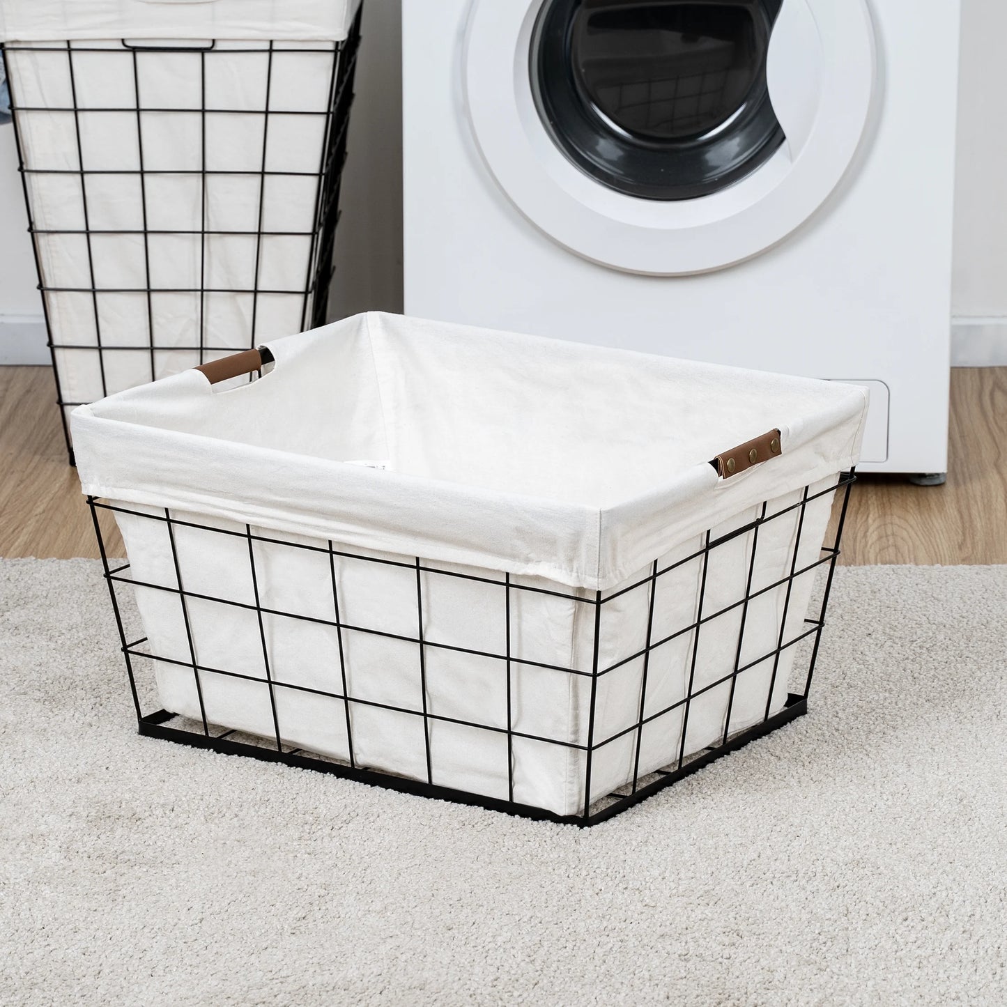 60L Rectangular Steel Laundry Basket for Adults in Black and Natural