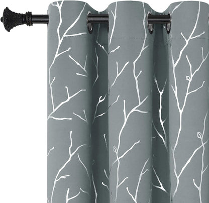 Elegant Light Grey Blackout Curtains with Silver Tree Branch Design, 63-Inch Length, Set of 2 Panels, Windproof, 38W x 63L