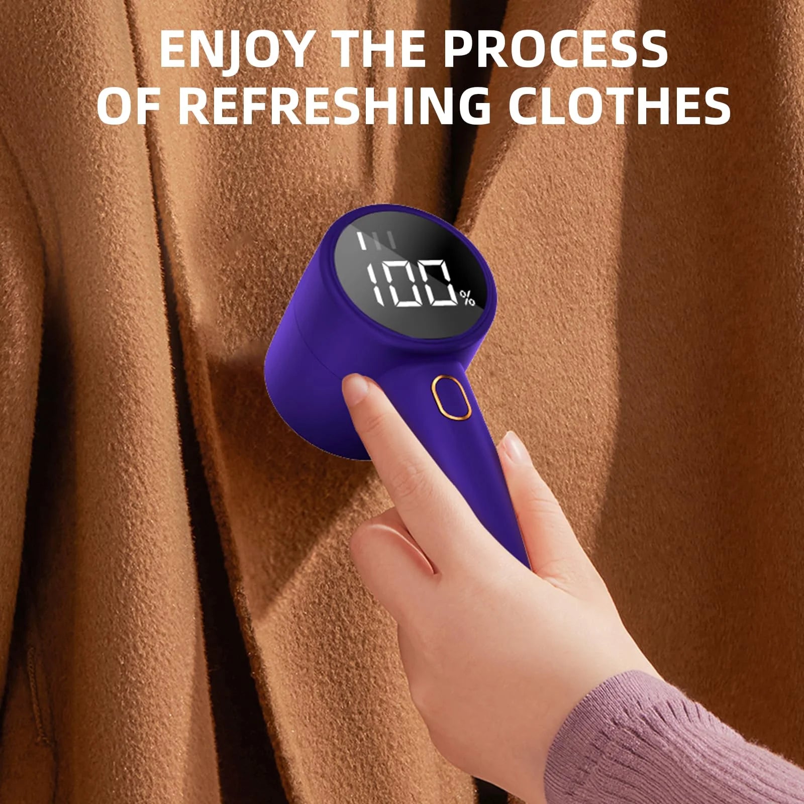 Rechargeable Fabric Shaver and Lint Remover – Electric Portable Sweater Defuzzer with 3 Speed Settings, 6 Leaf Blades, and Digital LED Display for Pilling Removal on Clothing, Furniture, and Textiles.