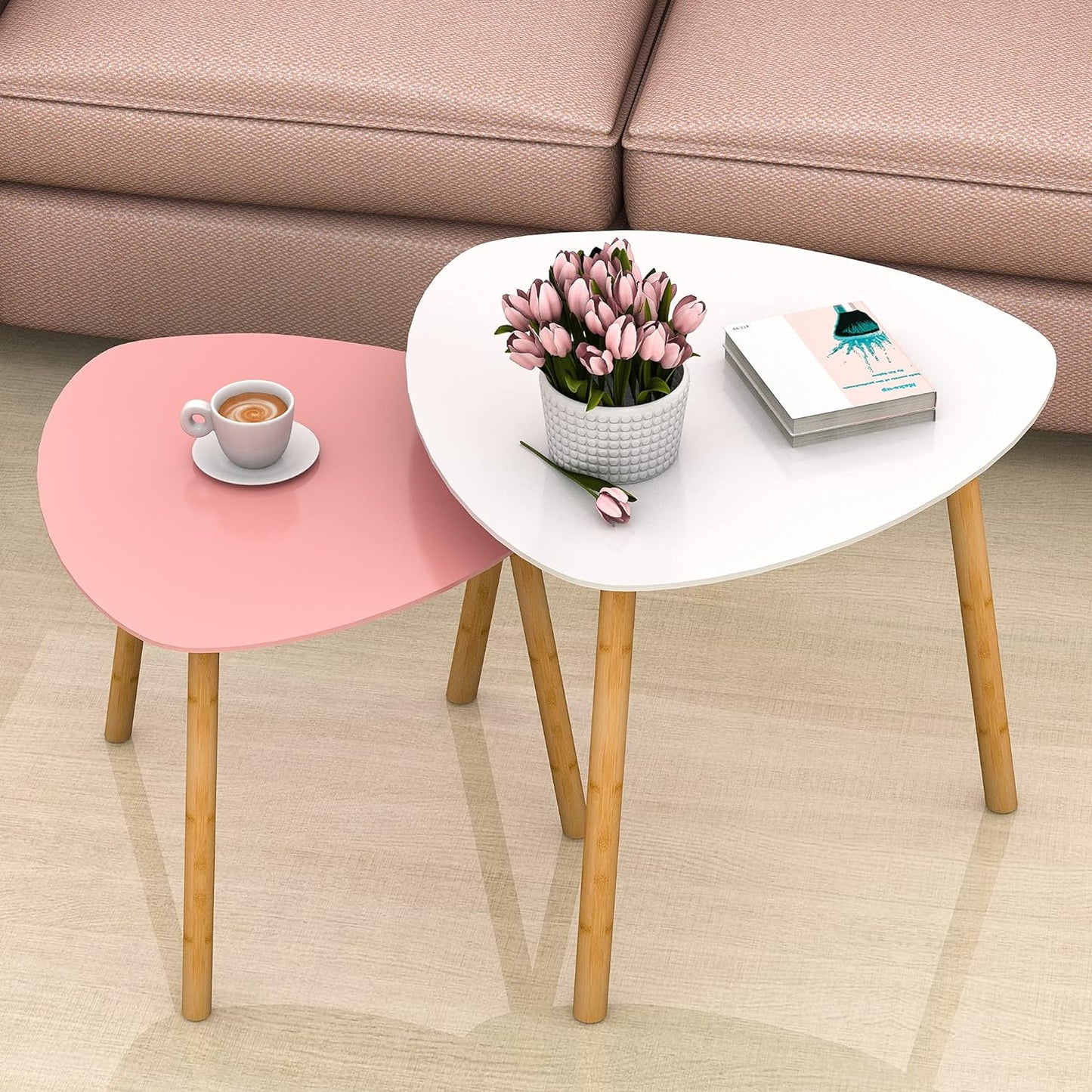 Contemporary Bamboo Nesting Coffee Tables - Set of 2 Triangular End Tables for Compact Living Spaces in White and Pink