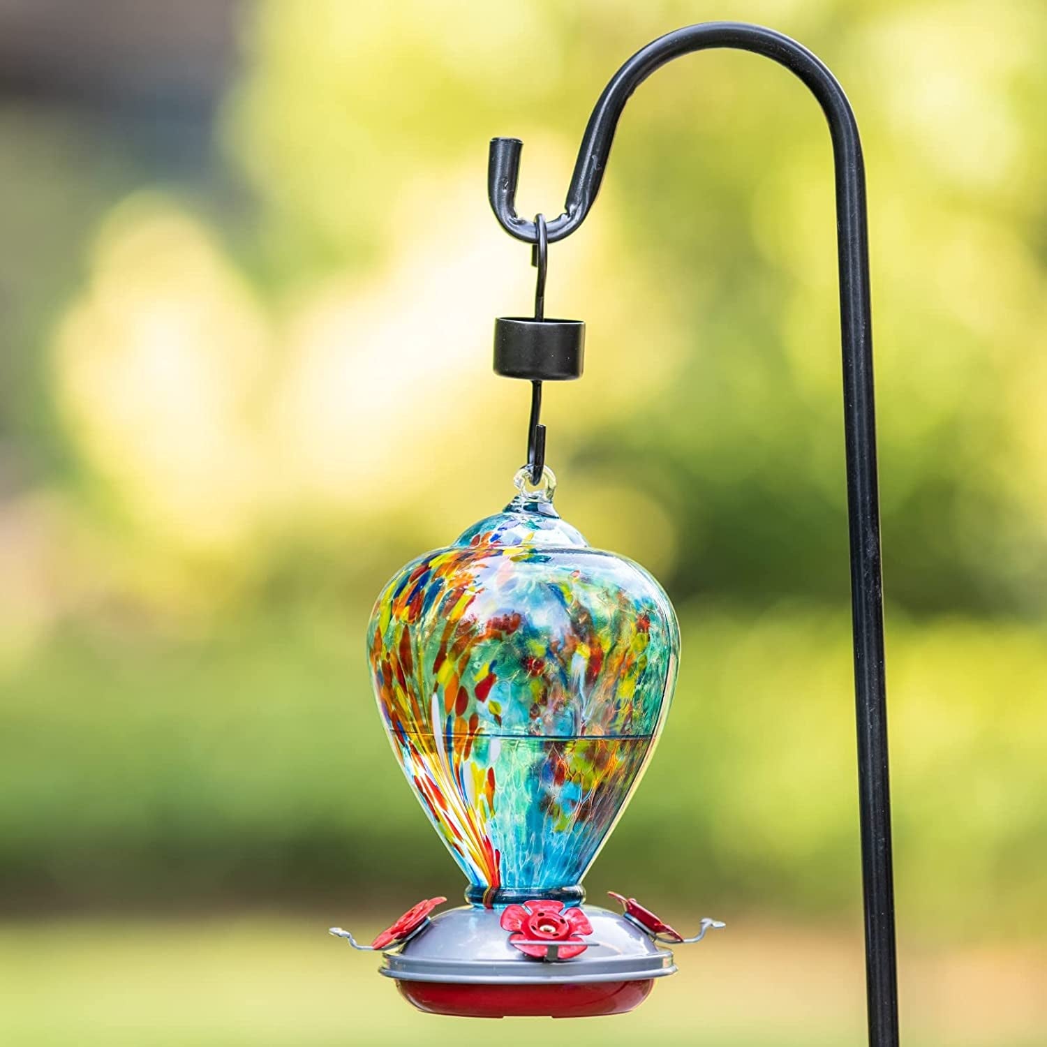 Blown Glass Hummingbird Feeder - 34 OZ Outdoor Art and Garden Décor Gift for Women