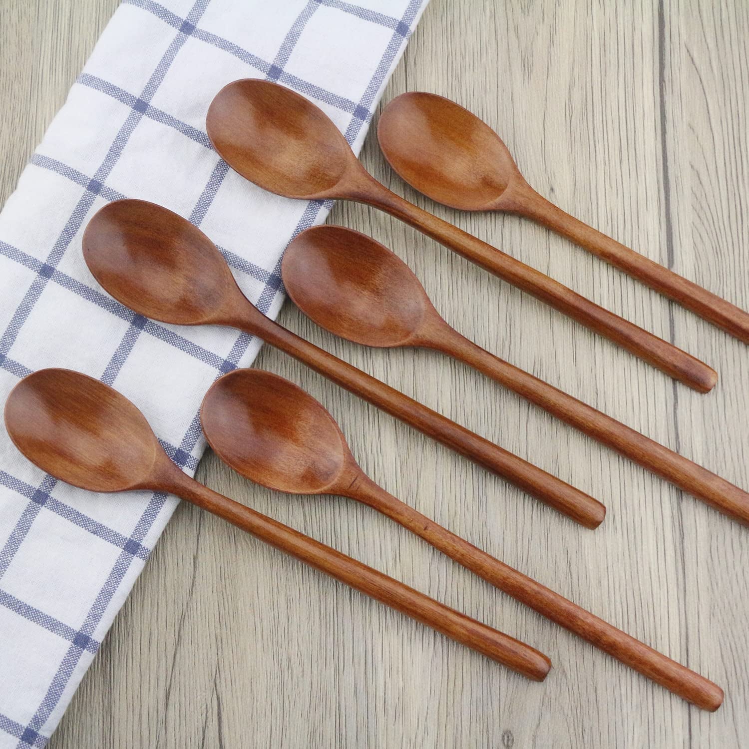 6-Piece Eco-Friendly Wooden Soup Spoon Set with 9-Inch Handles for Japanese Cuisine, Mixing, and Stirring