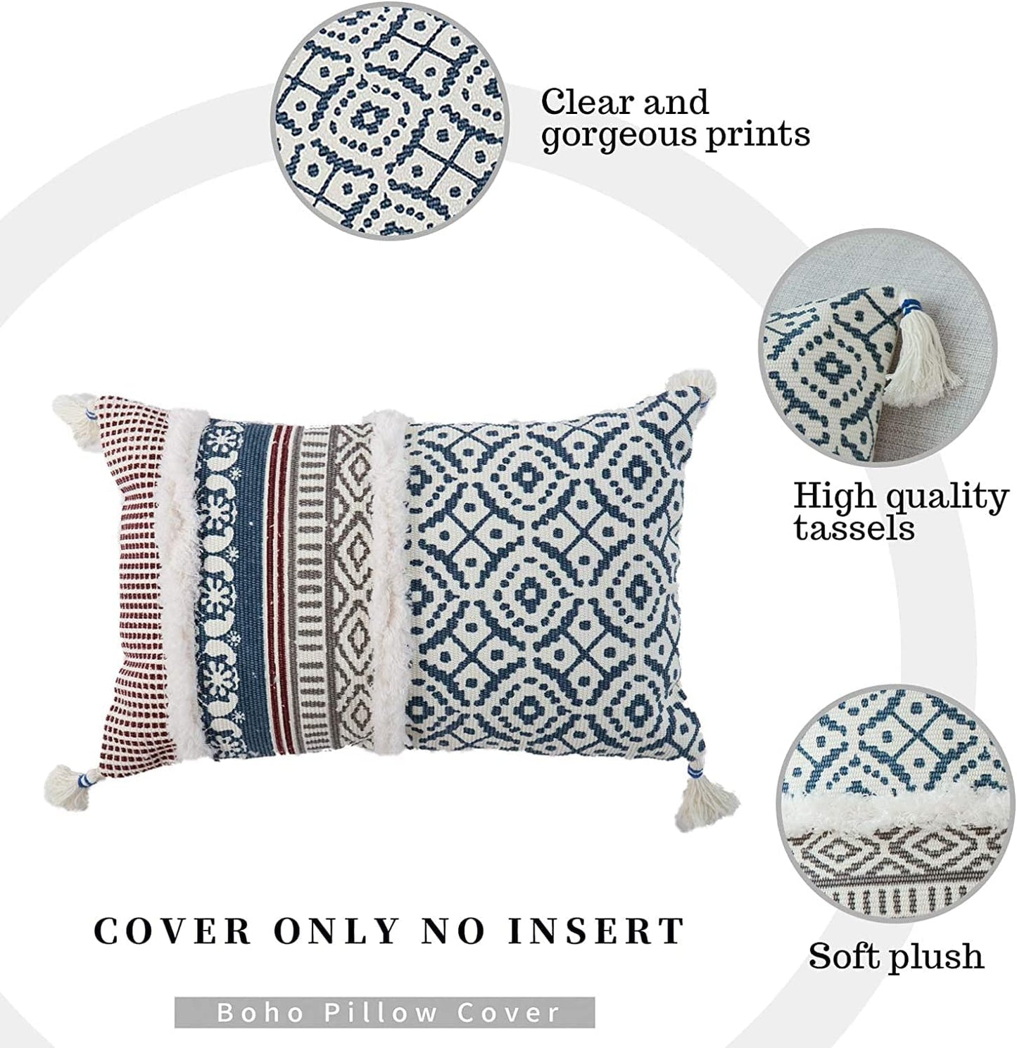 Bohemian Blue Lumbar Pillow Cover – Stylish Moroccan Design with Tassels, Perfect for Sofa, Bedroom, Living Room, and Car - 12 x 20 Inches