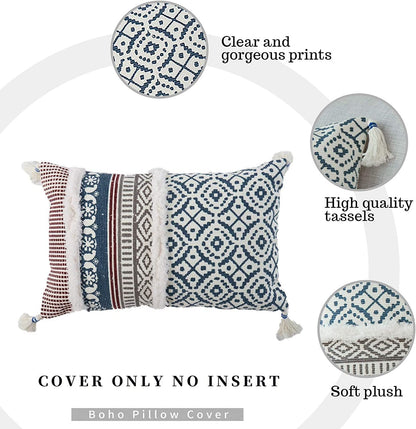 Bohemian Blue Lumbar Pillow Cover – Stylish Moroccan Design with Tassels, Perfect for Sofa, Bedroom, Living Room, and Car - 12 x 20 Inches