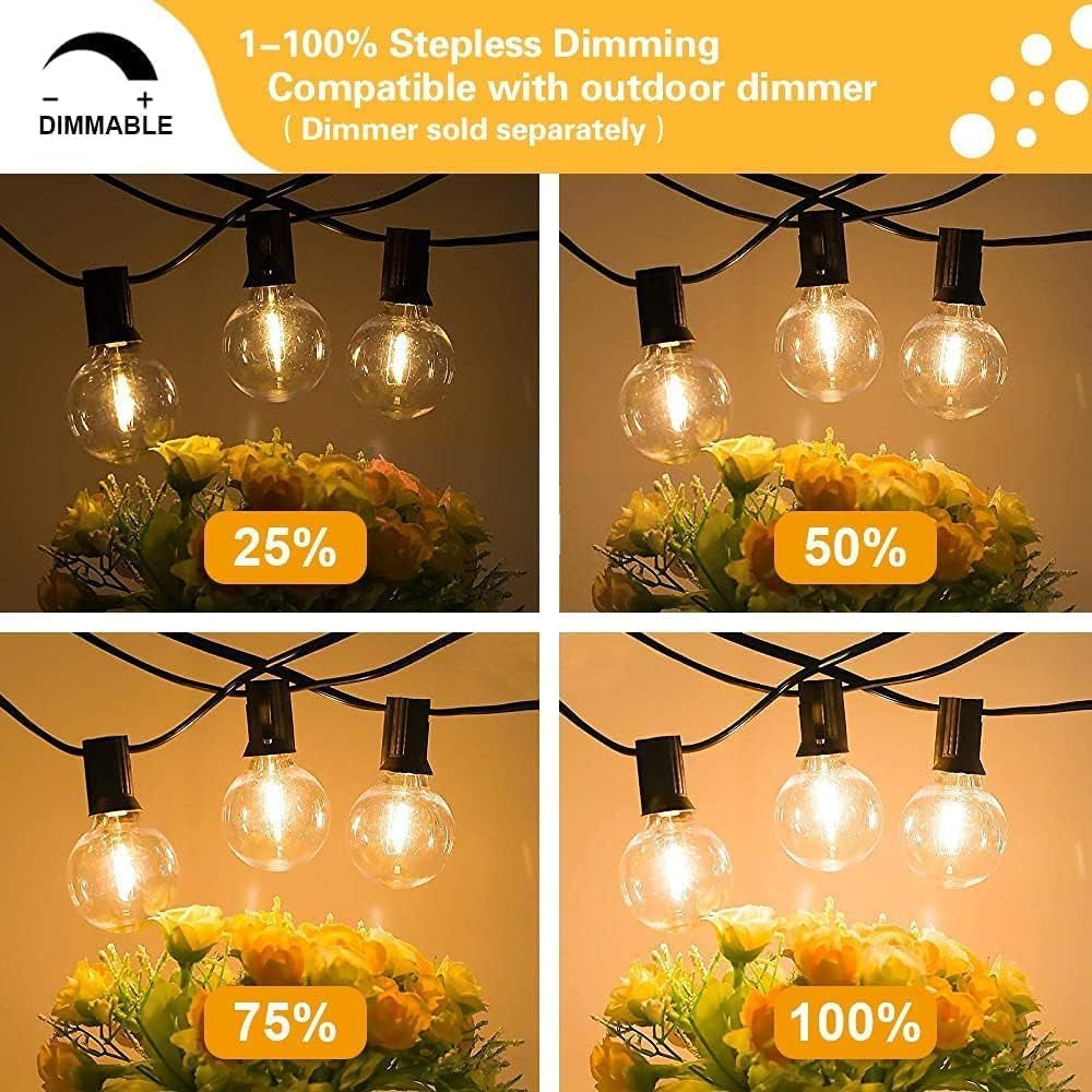 29FT Waterproof Outdoor Globe String Lights with 15 Dimmable Shatterproof Bulbs for Patio, Porch, and Cafe Use, E12 Socket Base