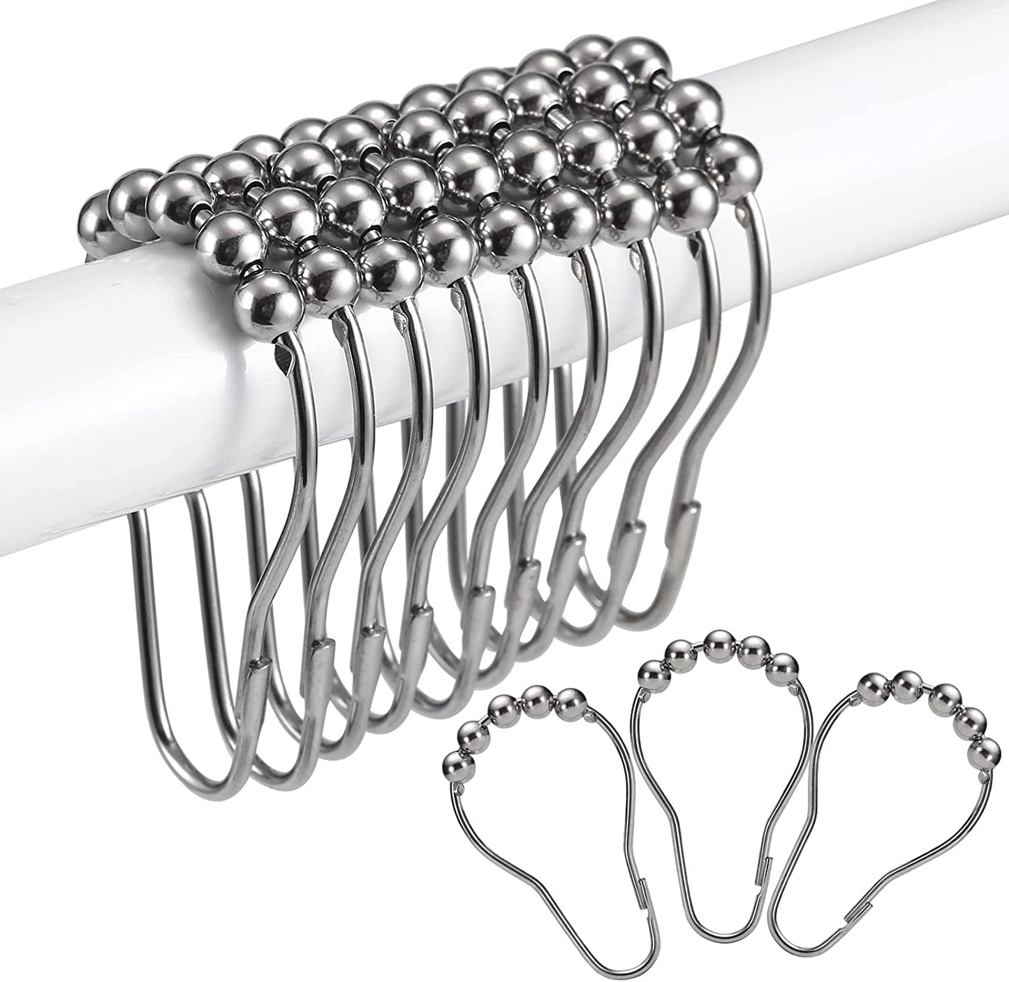 Rust-Resistant Metal Shower Curtain Hooks, Double Glide Design, Set of 12 in Matte Nickel, Ideal for Shower Curtains and Liners