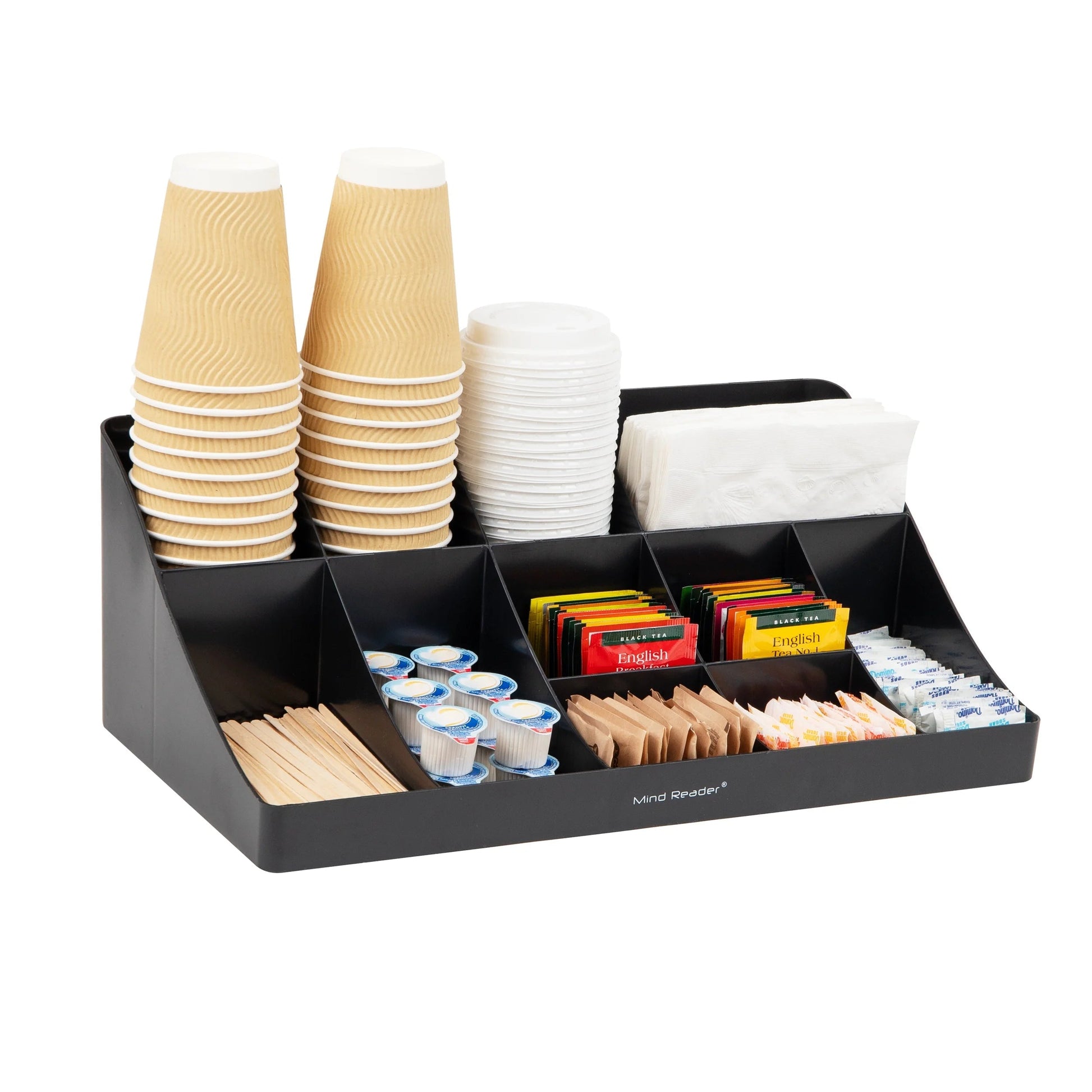 Cup and Condiment Station - Countertop Organizer in Black Finish, Dimensions: 17.87" L x 9.5" W x 6.62" H