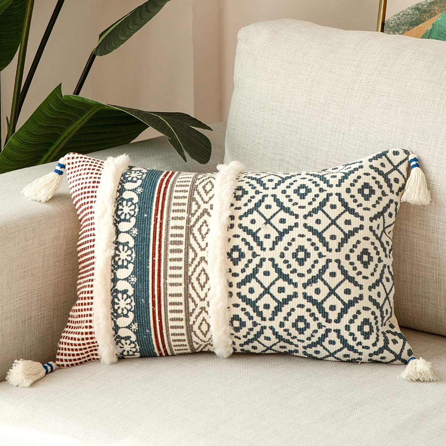 Bohemian Blue Lumbar Pillow Cover – Stylish Moroccan Design with Tassels, Perfect for Sofa, Bedroom, Living Room, and Car - 12 x 20 Inches