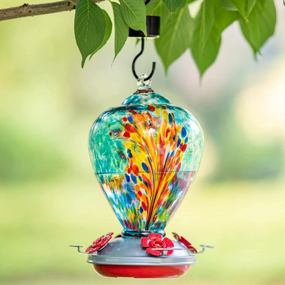 Blown Glass Hummingbird Feeder - 34 OZ Outdoor Art and Garden Décor Gift for Women