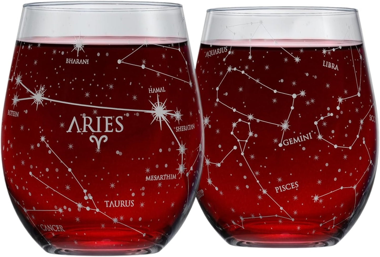 Libra Zodiac Hand-Etched Stemless Wine Glasses - Set of 2, 15 Oz