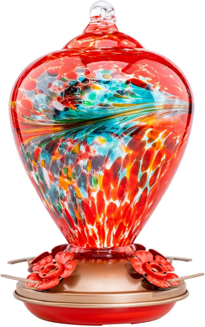 Blown Glass Hummingbird Feeder - 34 OZ Outdoor Art and Garden Décor Gift for Women