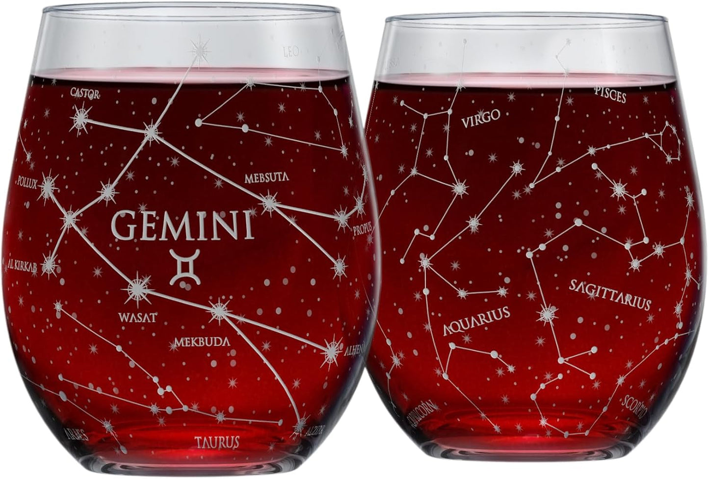 Libra Zodiac Hand-Etched Stemless Wine Glasses - Set of 2, 15 Oz