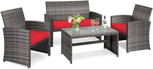 Elegant 4-Piece Wicker Outdoor Conversation Set with Luxurious Cushions and Sleek Tempered Glass Table