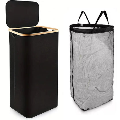 100L Large Laundry Hamper with Lid, Freestanding Collapsible Basket with Bamboo Handles and Inner Bag for Clothes and Toys - Black