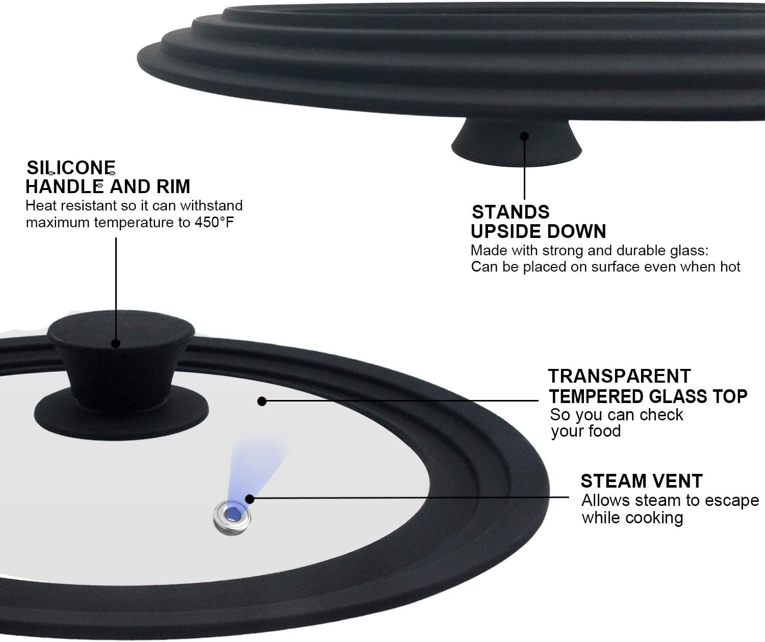 Universal Tempered Glass Lid for Cookware - Fits 6.5", 7", and 8" Diameter Pots, Pans, and Skillets with Heat Resistant Silicone Rim