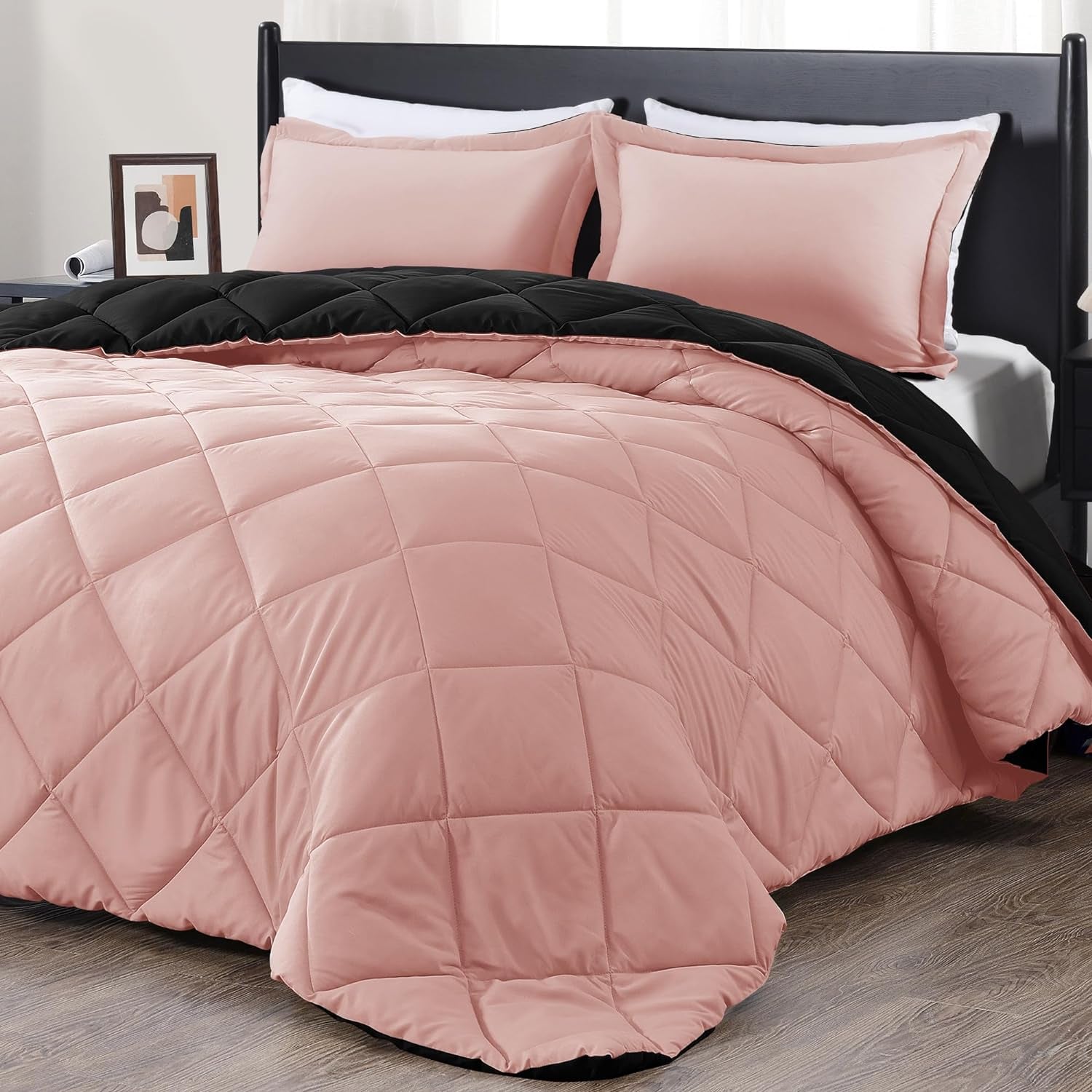 Queen Comforter Set - Luxurious Pink and Black Bedding Collection for Year-Round Comfort, 3-Piece Set Featuring 1 Comforter (88" x 92") and 2 Pillow Shams (20" x 26")