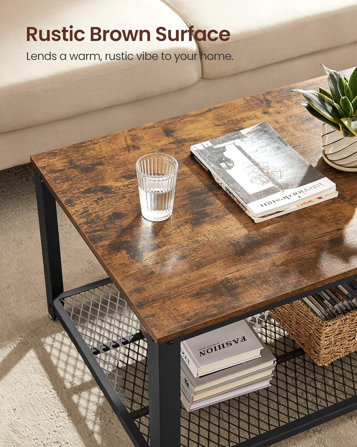 Industrial-Style Coffee Table with Two-Tier Design, Mesh Shelf, Steel Frame, and Adjustable Feet in Rustic Brown and Black Finish