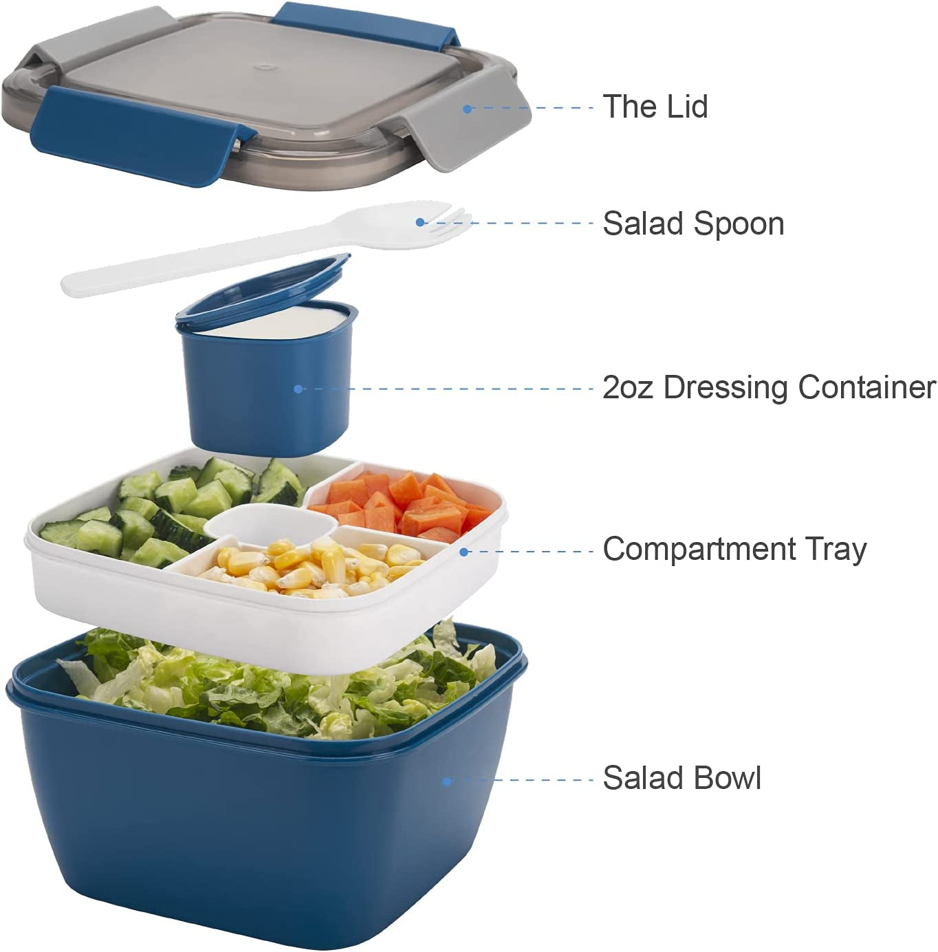 52-Oz Salad Lunch Container with Three Compartments and Dressing Container for On-the-Go Meals, Ideal for Men and Women (Blue)