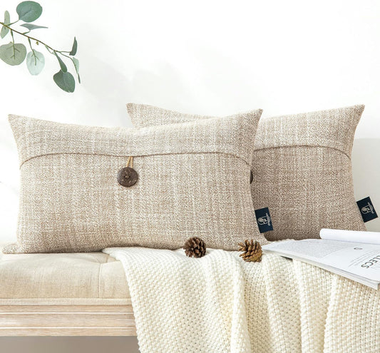 Set of 2 Vintage Linen Farmhouse Throw Pillow Covers with Buttons, Decorative Pillow Cases for Couch, Bed, and Chair, Beige, 18 x 18 Inches (45 x 45 cm)