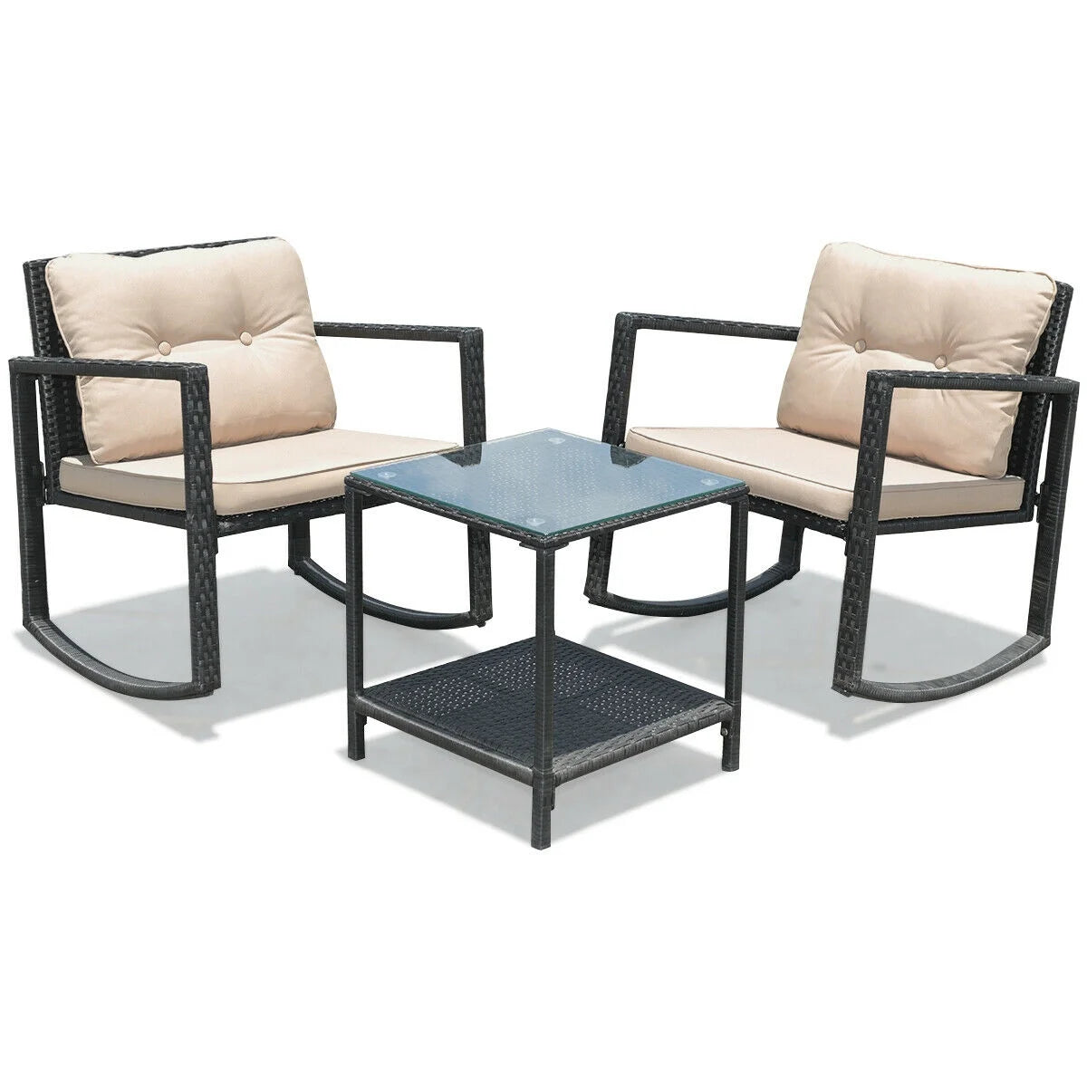 Elegant 3-Piece Rattan Rocking Chair & Table Set with Cushions – Perfect for Your Patio!