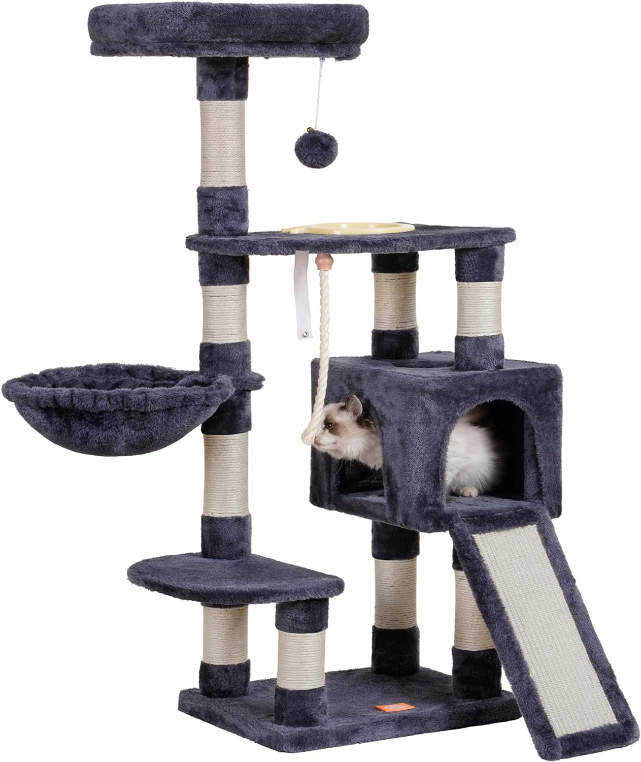 Multi-Tier Indoor Cat Tree and Tower with Scratching Board and Feeding Bowl in Light Gray HCT010M