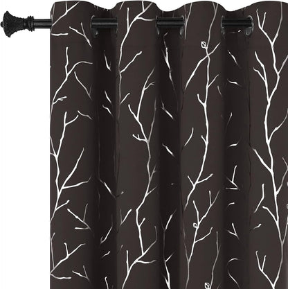 Elegant Light Grey Blackout Curtains with Silver Tree Branch Design, 63-Inch Length, Set of 2 Panels, Windproof, 38W x 63L