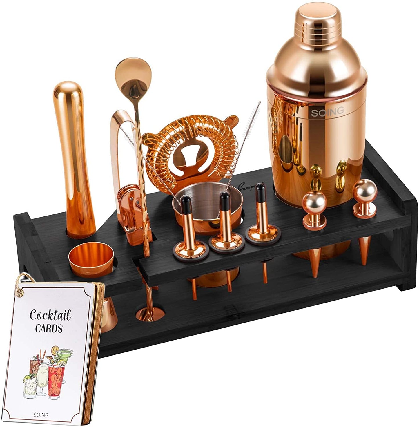 24-Piece Premium Rose Copper Cocktail Shaker Set with Stand, Velvet Carry Bag, and Recipe Guide