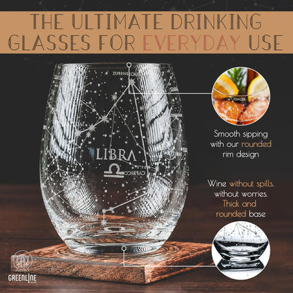 Libra Zodiac Hand-Etched Stemless Wine Glasses - Set of 2, 15 Oz