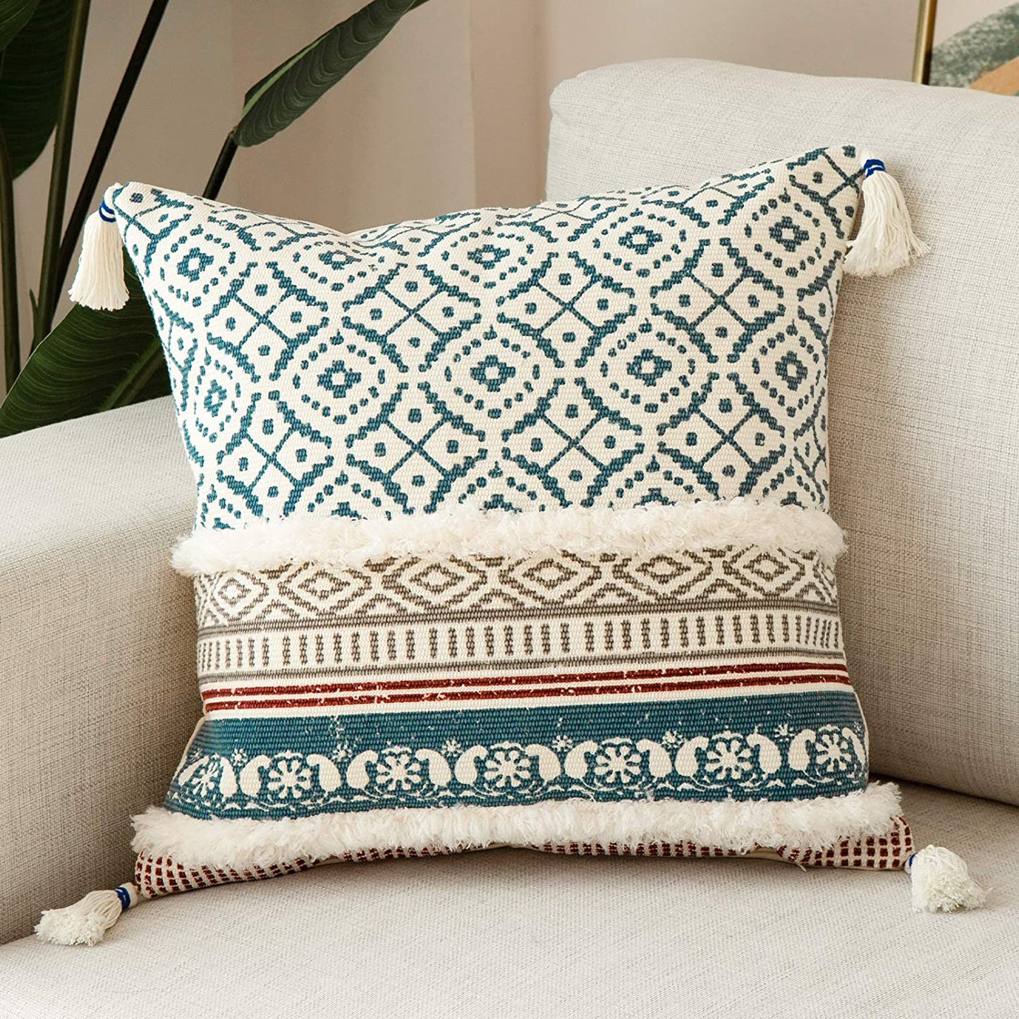 Bohemian Blue Lumbar Pillow Cover – Stylish Moroccan Design with Tassels, Perfect for Sofa, Bedroom, Living Room, and Car - 12 x 20 Inches